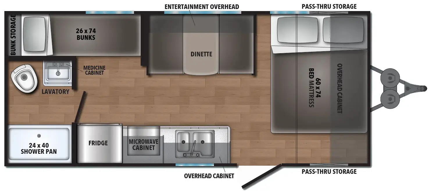 The Northern Spirit DLX & Compact 180BH floorplan has one entry and zero slide outs. Exterior features include: metal exterior. Interiors features include: bunk beds and front bedroom.